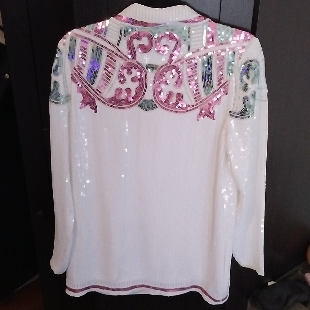 EUC Nasty Gal Fully Sequined White Dress Jacket Pink And Green Designs - Size 4 - Picture 6 of 10